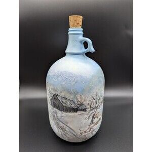 Vintage Hand Painted Glass Gallon Jug SIGNED Covered Bridge Lake Winter Scene